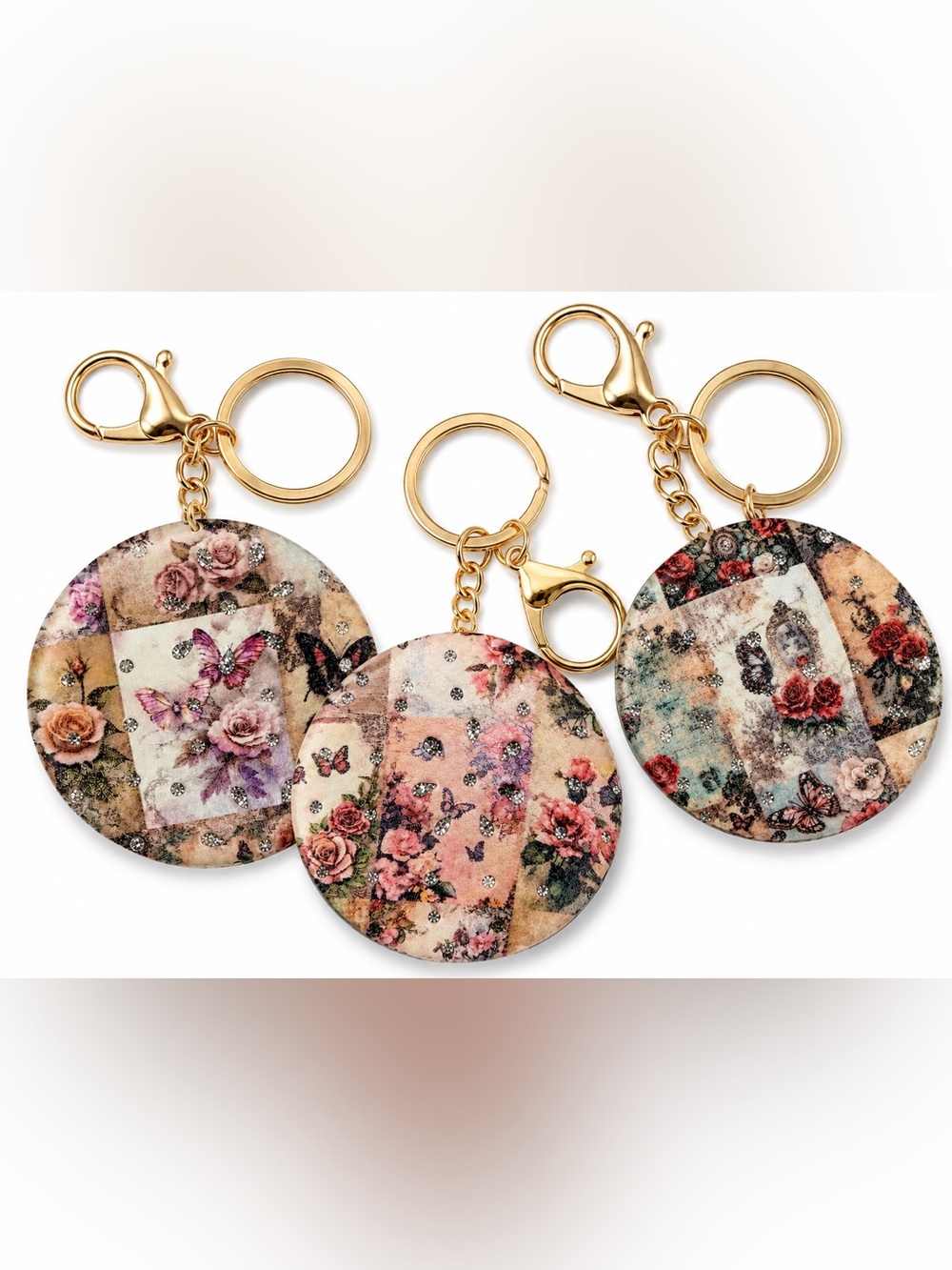 Floral Butterfly Rhinestone Compact Mirror Keychain Gold Tone